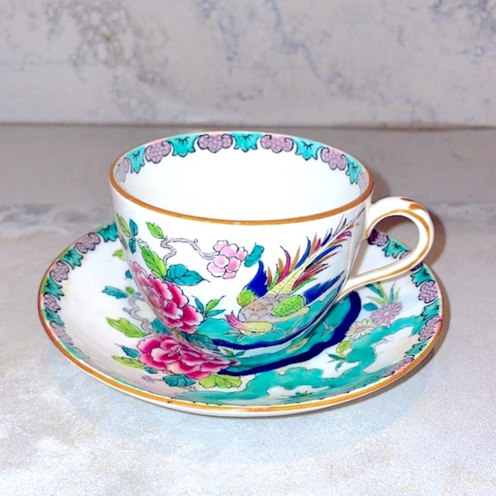 Crown Staffordshire Hand Painted Rock Bird Cup & Saucer Vintage Bone China EUC